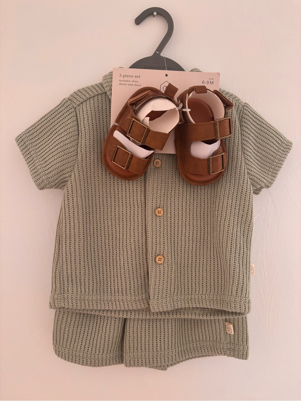 Baby Knit Three-Piece Set with Brown Sandals - Sage Green